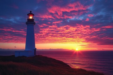 Poster - Vibrant sunset illuminating a coastal lighthouse under a colorful sky