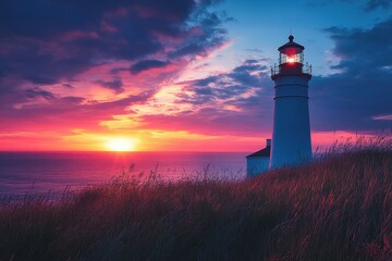 Poster - Vibrant sunset illuminating a coastal lighthouse under a colorful sky