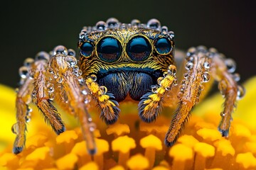 Close-up of a spider's face adorned with glistening water droplets, highlighting its intricate features and texture.