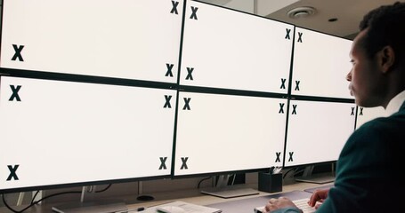 Poster - Typing, mockup and businessman on computer screen in office for research with stock market. Technology, tracking markers and finance manager with blank space on desktop in workplace for profit report