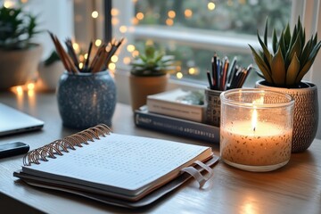 Poster - Cozy workspace with a succulent plant, candlelight, and a notebook on a serene table during a peaceful evening indoors
