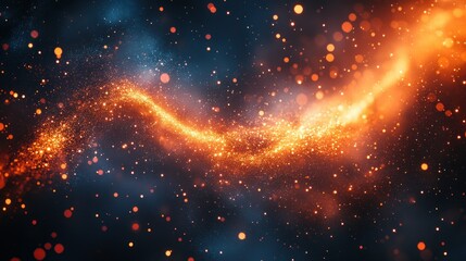 Wall Mural - swirling golden particle stream shines amidst nebulous dark blue space background
