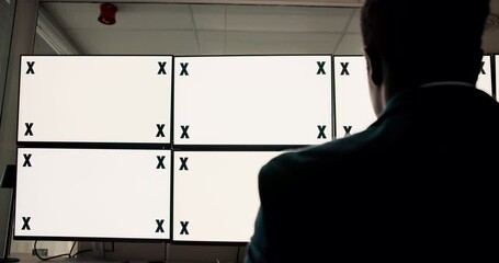 Poster - Blank, reading and back of man by computer screen with research for stock market. Technology, mockup space and male financial manager with desktop in office for online report in business trading