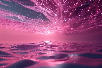 Wall Mural - Fluid Dynamics: Surreal Three-Dimensional Pink Horizon with Dynamic Light and Flickering Particles