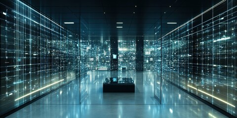 Wall Mural - modern digital art installation showcasing glowing grid patterns in a futuristic space