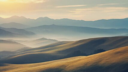 Wall Mural - golden sunlight bathes the landscape, revealing rolling hills and majestic mountains in the distance