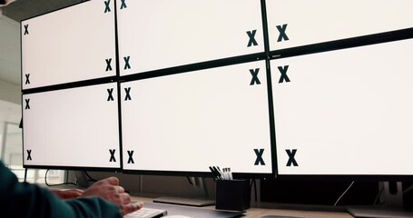 Poster - Typing, mockup space and man by computer screen in office for online research with stock market. Technology, tracking markers and financial manager with blank desktop in workplace for profit report.