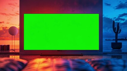 Aufkleber - This Bright green screen setup in a contemporary interior featuring vibrant lighting and furniture.