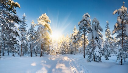 Wall Mural - lapland finland winter landscape in the forest trees covered with snow sun rays through the trees winter wonderland scandinavian countries