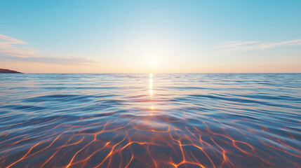 Wall Mural - Serene ocean surface capturing golden sunset glow, revealing sandy seafloor through soft orange hued rippling reflections