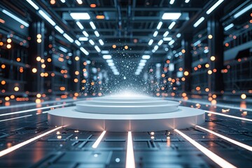 Wall Mural - Dynamic Light Flow: Three-Dimensional White Foundation with Glowing Particles and Cyber Technology Background