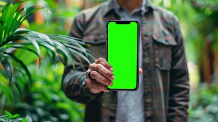 Leinwandbilder - A person holds a smartphone displaying a blank green screen surrounded by lush plants in a bright indoor environment. This setting enhances the focus on the device.