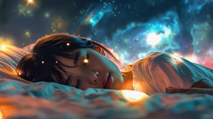 Poster - In a tranquil setting, this person sleeps peacefully as cosmic elements float by.