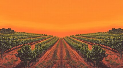 Aufkleber - Lush vineyard rows bask in warm orange sunset light, showcasing natures beauty at dusk and the end of a fruitful day