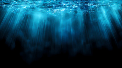 Wall Mural - Abstract image of blue light rays streaming through a dark background, creating a serene and mystical underwater effect. Mystical Rays. Illustration