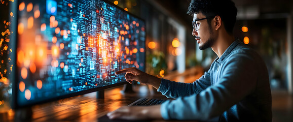 Man Working On A Computer With  Digital Code On Screen