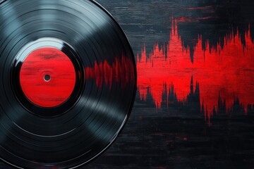 Poster - Stylish vinyl record texture showcases rhythmic soundwave ripples in modern black and red design with golden ratio peak for text placement