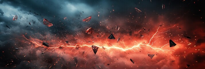 Aufkleber - Intense abstract background with dramatic red and black colors, lightning bolts and shattered glass fragments creating a cinematic atmosphere