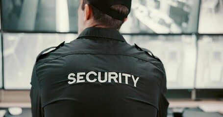 Poster - Back, security guard and man in control room, video surveillance and computer with safety service. Person, monitor employee in workplace, uniform or expert with inspection, camera or cctv with screen