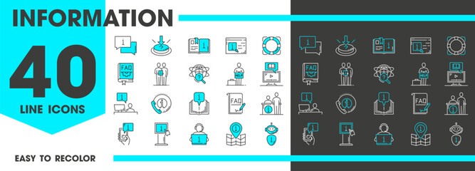 Poster - Information line icons of FAQ, call center and customer support service, vector pictograms. Information desk or client hotline and chatbot assistant icons of telephone receiver and question tutorials