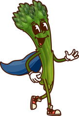 Poster - Cartoon groovy asparagus Halloween wizard vegetable character wearing blue magician cape and retro hippie sneakers. Isolated vector cheerful veggie sorcerer personage exudes a funky y2k hippie vibe