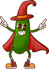 Aufkleber - Cartoon groovy cucumber Halloween wizard vegetable character dressed in vibrant red cape and whimsical pointed hat exudes a joyful and magical vibe. Isolated vector veggie witch or sorcerer personage