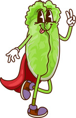 Aufkleber - Cartoon groovy Chinese cabbage Halloween wizard vegetable character wearing red magician cape. Isolated vector cheerful veggie sorcerer personage giving a peace sign, and exudes a funky hippie vibe