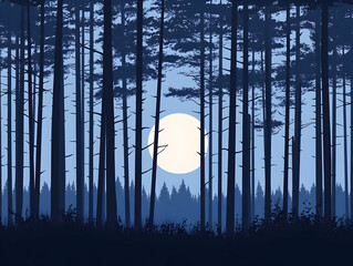 Moonlit Forest Illustration - Dark Blue Nature Scene