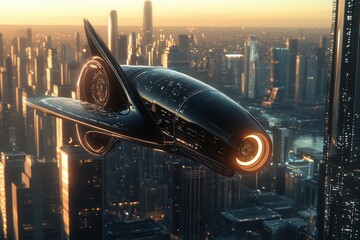 Aufkleber - Futuristic spaceship soaring over a stunning cityscape at sunset with a glowing engine illuminating the sky