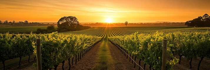 Poster - Sunset over vineyard with lush green vines stretching towards the horizon in warm orange sky