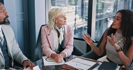 Poster - Business, people and talk in meeting with finance discussion, brainstorming ideas and company growth. Staff, conversation and document for financial budget, investment report and negotiation feedback