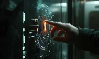 Hand Touching Digital Security Lock Icon on Futuristic Interface