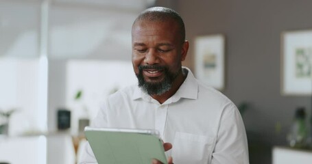 Fototapete - Office, black man and happy with tablet for research, financial information and accountant with tech. Smile, mature person and business consultant with digital for investment, report review or online