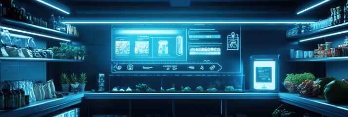 Fototapete - Modern AI assistant interface processes a grocery order with clean UX UI design featuring futuristic blue glow elements in a digital environment