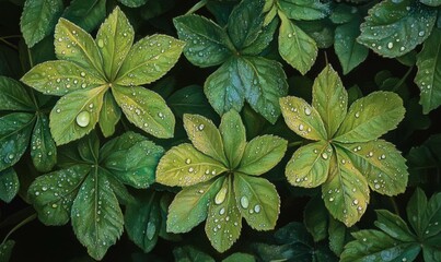 New leaves with dew glistening in early morning light