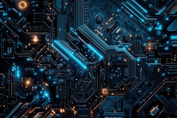 Fototapete - Exploring the depths of a neural network design with cutting-edge patterns in deep blue and cyan tones