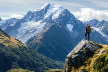 Leinwandbilder - Majestic mountain range with snow-capped peaks and hiker enjoying breathtaking views in a lush valley