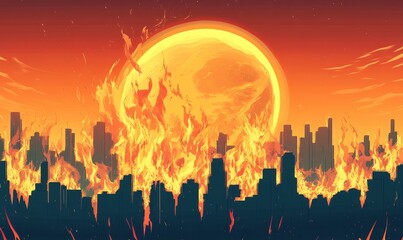 Wall Mural - planet is on fire with a bright orange sun in the background. the fire is so intense that it is melt