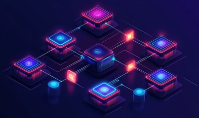 Futuristic digital blockchain network with glowing neon icons and data blocks