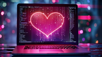 Leinwandbilder - A glowing heart animation emerges from coding on a laptop screen, surrounded by vibrant lights in a bustling urban setting at night. The atmosphere conveys innovation and creativity.