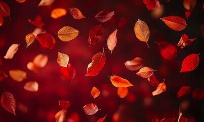 Wall Mural - vibrant red and orange autumn leaves falling on a dark red background