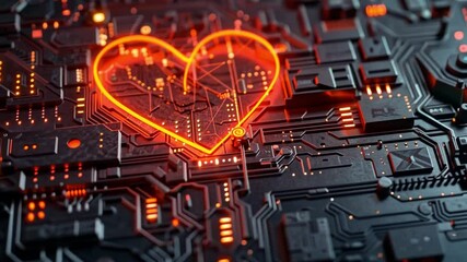 Leinwandbilder - A circuit board layout displays intricate patterns and connections, illuminated by glowing orange lights forming a heart shape.
