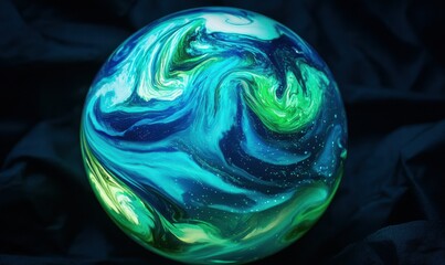 Wall Mural - close-up of a vivid digital planet glowing with swirling blue and green tones against a black cosmic