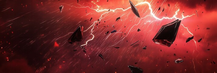 Aufkleber - Dramatic red and black abstract background with lightning bolts and shattered glass fragments creating an intense cinematic mood