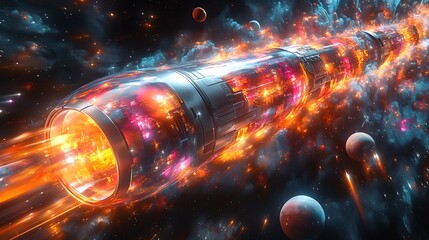 Wall Mural - Futuristic spacecraft traveling through a vibrant cosmic landscape.