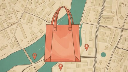 Leinwandbilder - Efficient delivery route map design featuring a grocery bag icon and location pins for optimized navigation