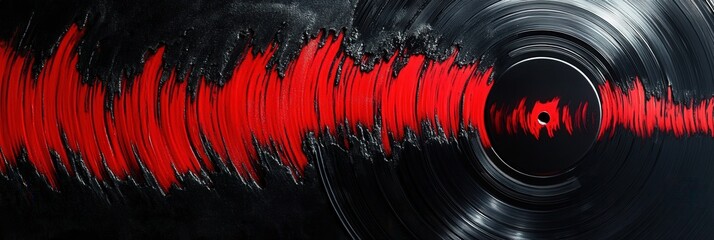 Poster - Vinyl record texture with dynamic soundwave ripples in black and red showcasing retro-modern design and rhythmic elements