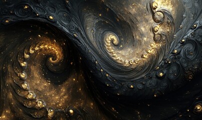 Wall Mural - dramatic black and gold abstract artwork with swirling patterns, softly illuminated to create a luxu