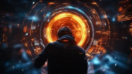 Poster - A person stands in a luminous cyber environment, with vibrant orange and blue visuals representing advanced technology and defense mechanisms.