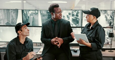 Poster - Security guard, people and discussion in office, cooperation and protection for company. Group, employees and coworking with safety, cctv and explain system with surveillance, policy and regulations